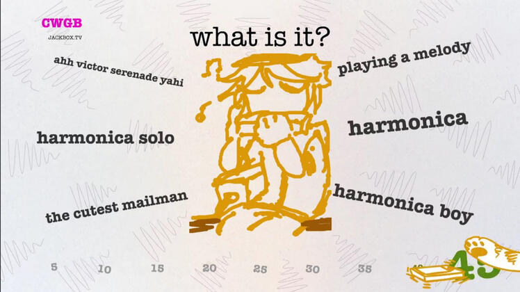 Jackbox Prompt being "Harmonica" 11 days after I drew an art of Victor playing the Harmonica